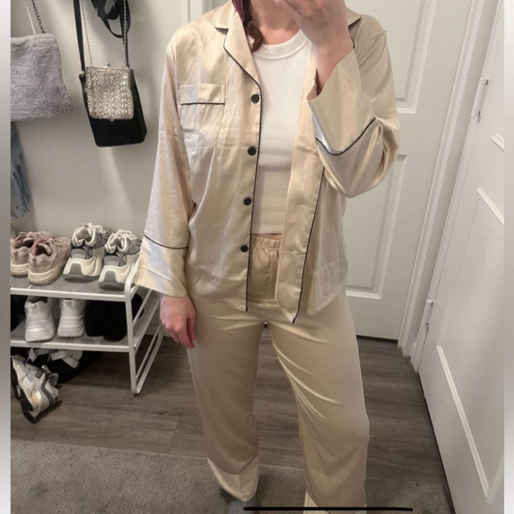 Silky Pajama Set with Black Trim